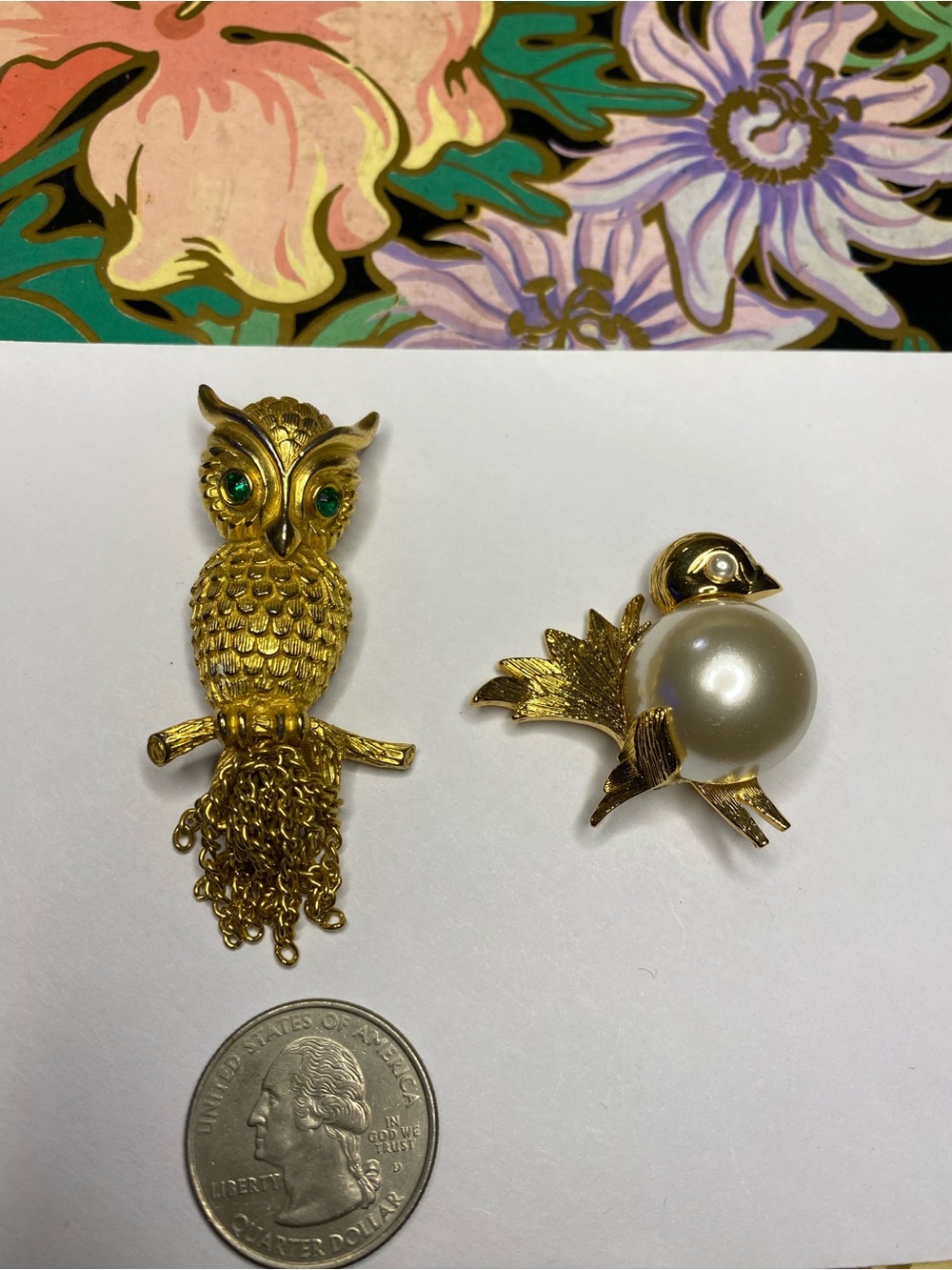 Vintage Owl and Pearl Bird Brooches - Gold